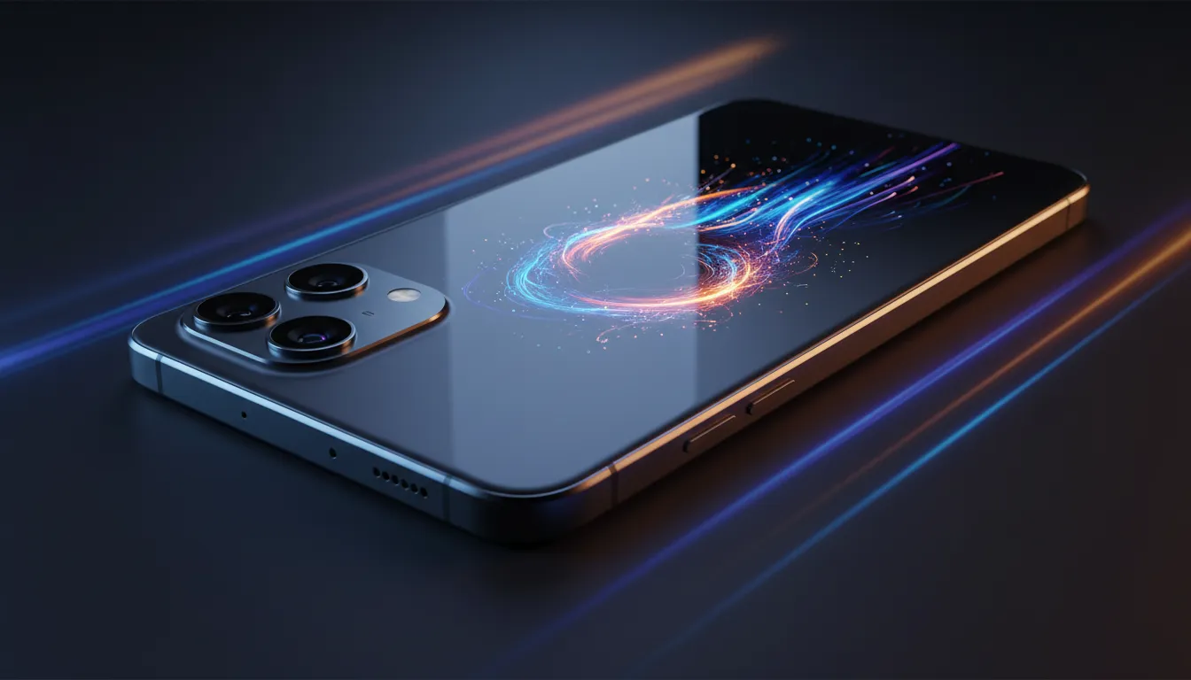 Close-up iQOO 15R menonjolkan frame metal, kaca belakang matte, modul kamera rapi, dan efek cahaya abstrak yang menggambarkan baterai besar serta performa cepat