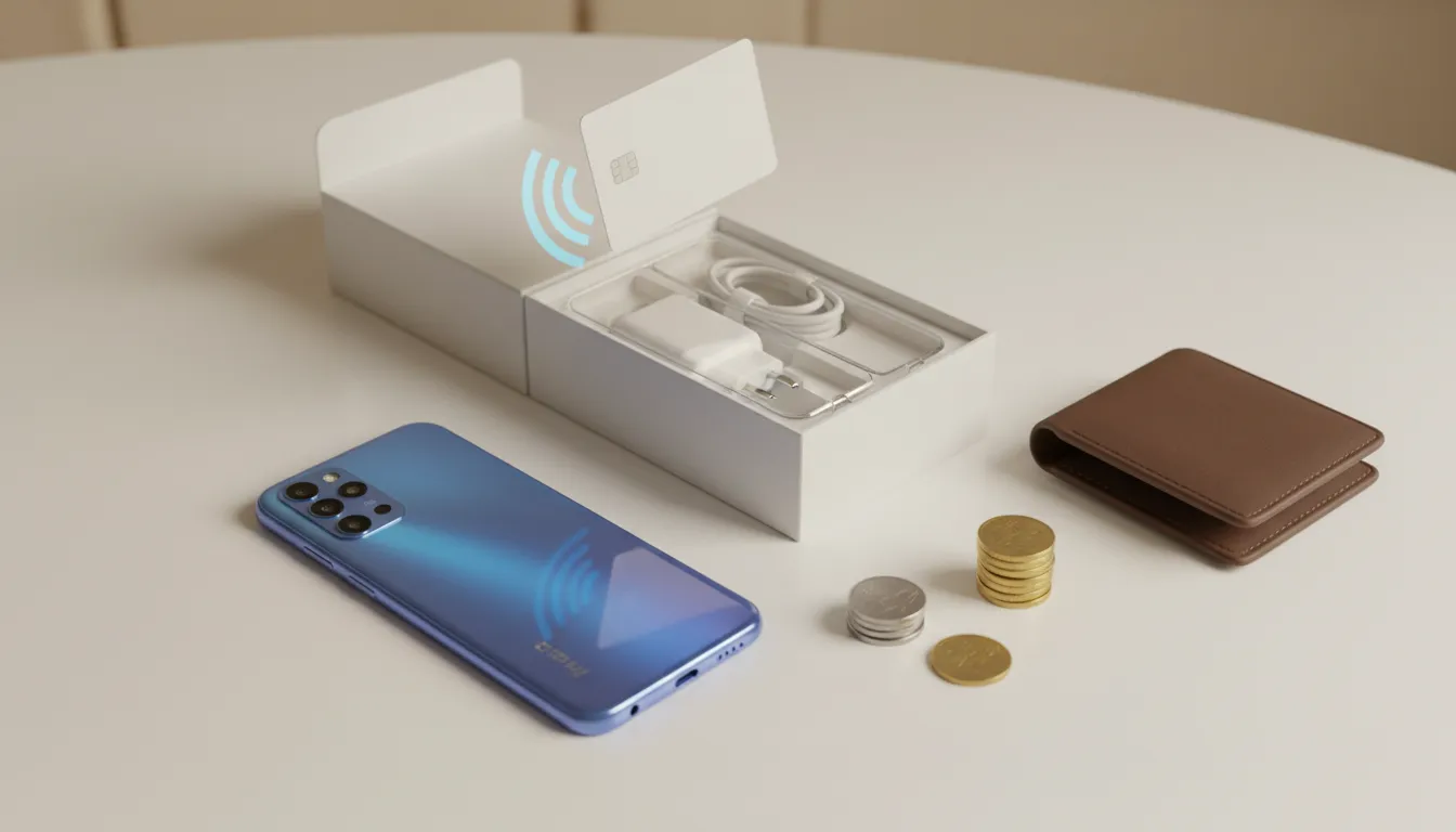 Smartphone Itel CITY 200 bergaya premium di atas meja minimalist, dengan kotak penjualan terbuka, charger, kabel, case, tumpukan koin sebagai simbol harga terjangkau, dan gelombang NFC yang samar menunjukkan fitur NFC — tanpa teks atau logo