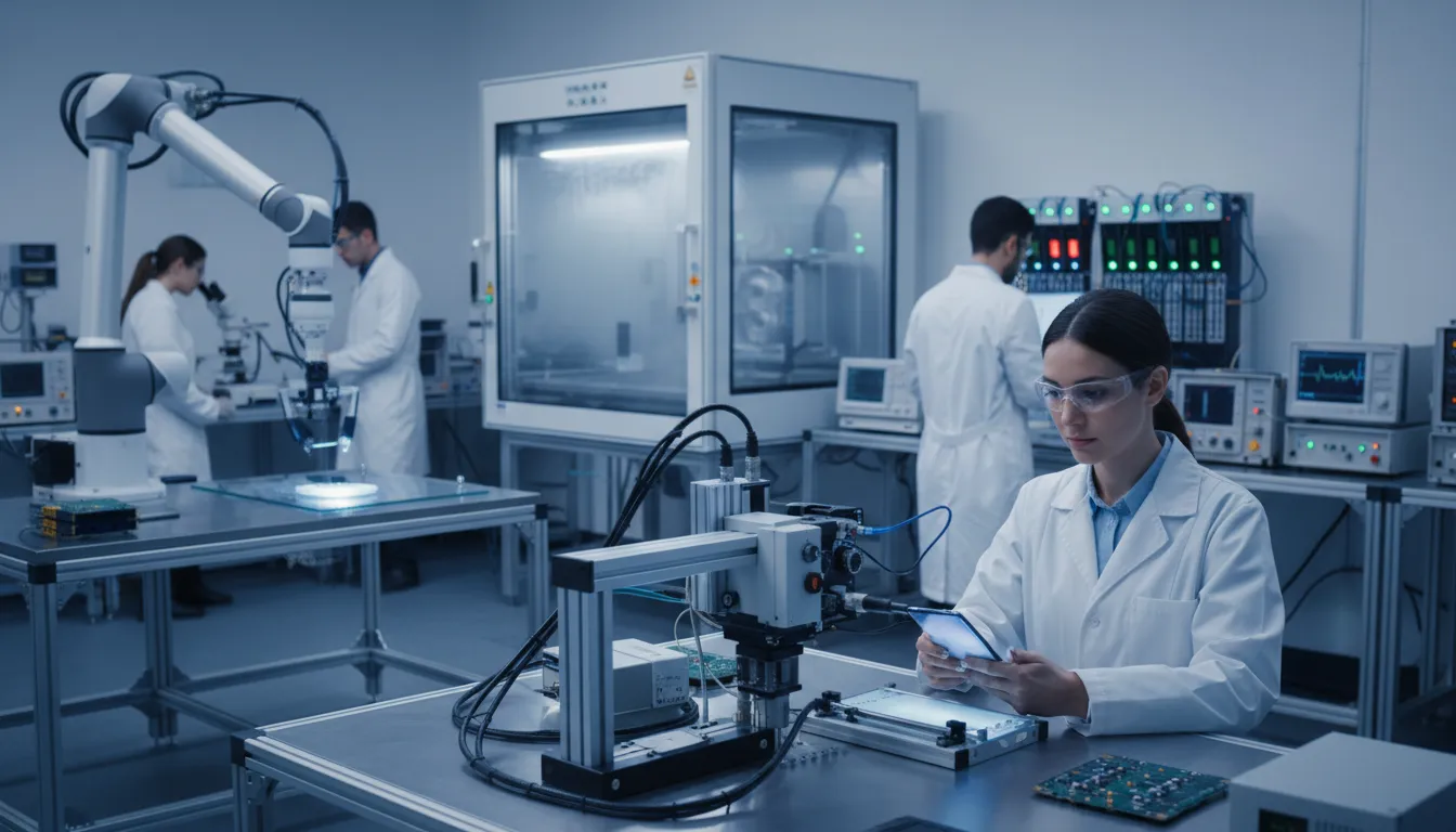 Laboratorium riset smartphone modern dengan insinyur menguji ketahanan ponsel menggunakan rig uji, lengan robot, dan stasiun pengujian baterai dalam suasana bersih dan berteknologi tinggi