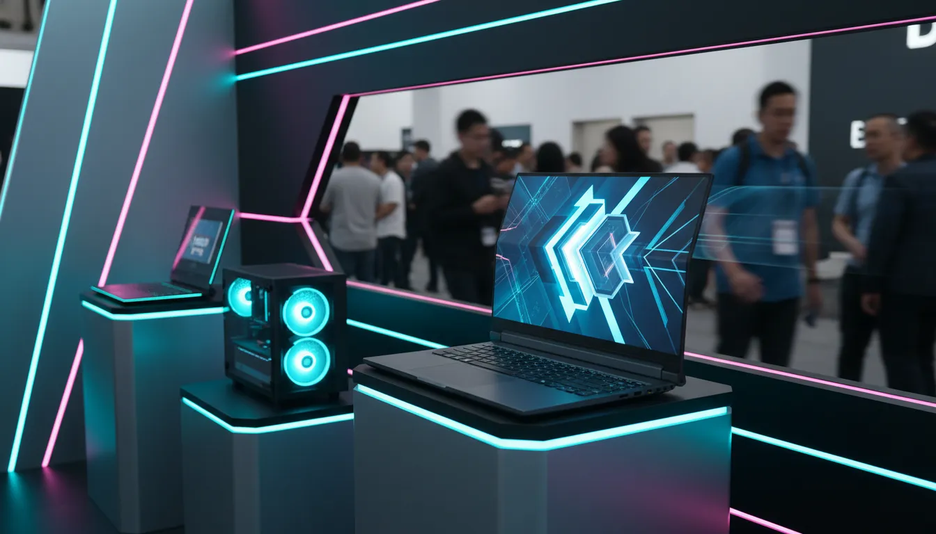 Booth pameran CES 2026 futuristik menampilkan laptop konsep rollable sedang membuka layar lebar, laptop gaming tipis, dan desktop ringkas dengan pencahayaan neon