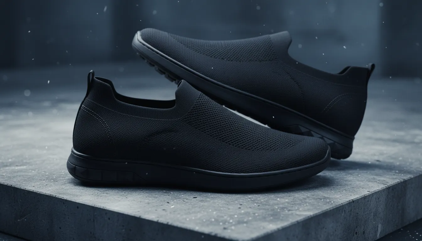 Sepasang loafers slip-on serba hitam BRODO Ace Neptune di permukaan beton urban, close-up menonjolkan tekstur knit breathable dan sol fleksibel