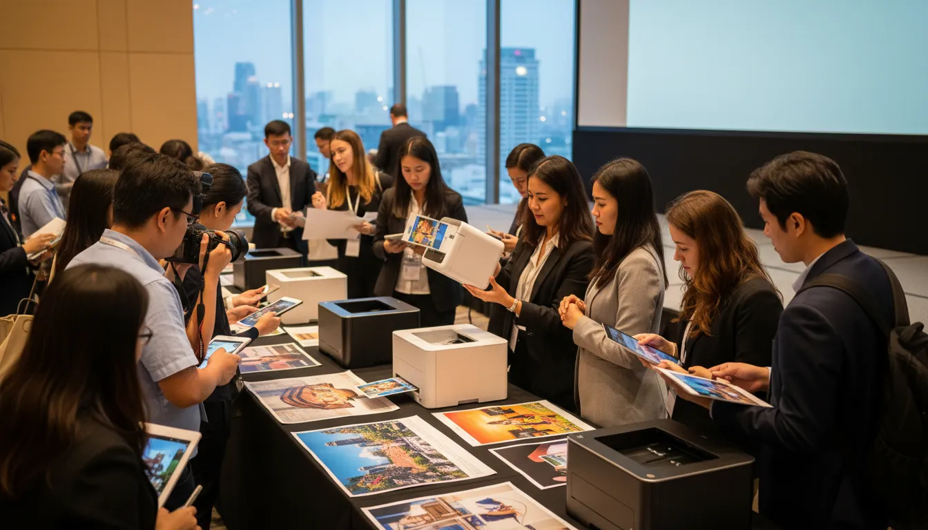 Suasana media gathering profesional di Bangkok dengan jurnalis dan reviewer berdiskusi di sekitar printer modern dan sampel cetak berwarna, presenter mendemonstrasikan printer, suasana kolaboratif tanpa teks