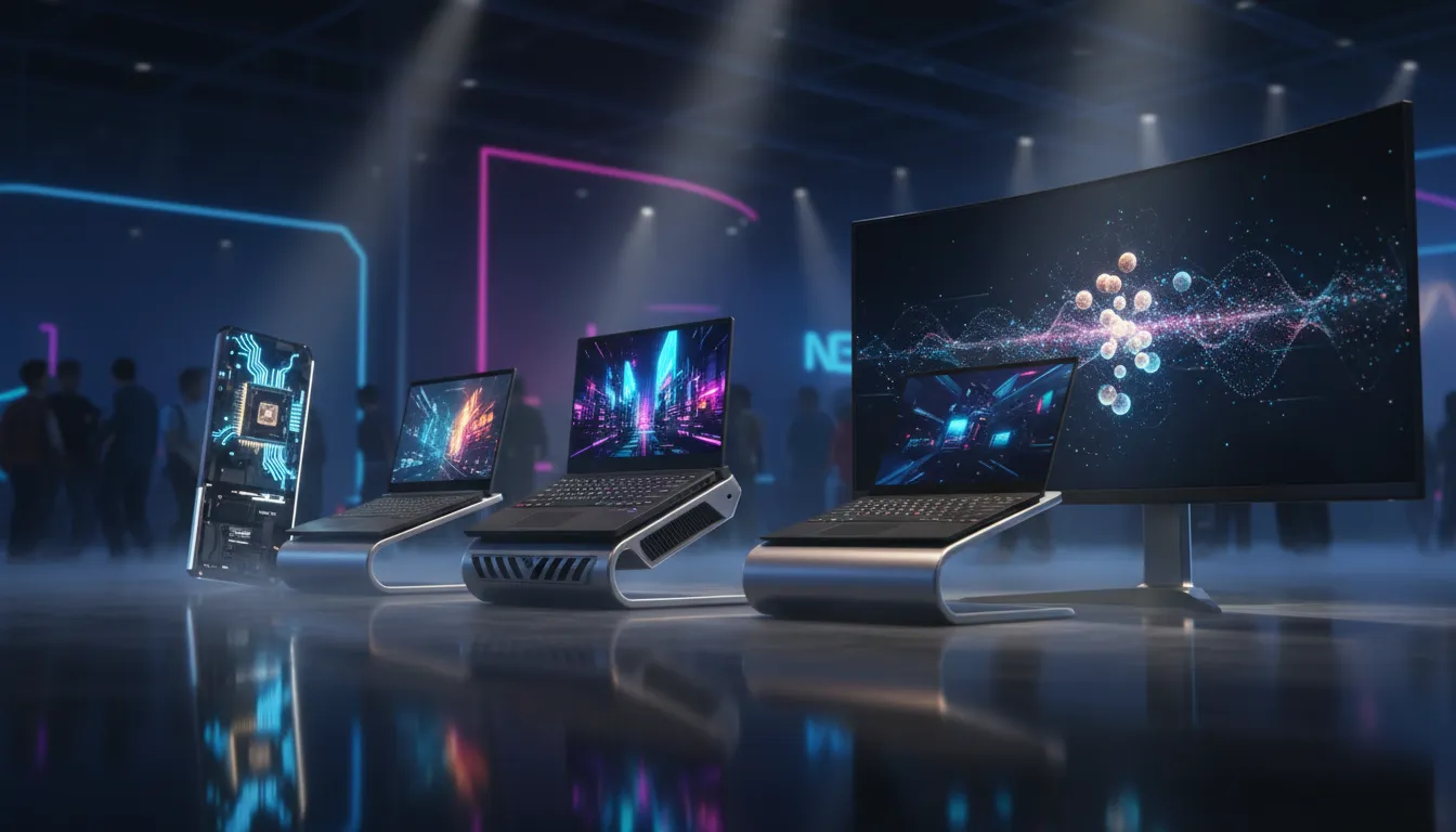 Deretan laptop gaming futuristik dan monitor AI di panggung pameran, menonjolkan GPU bercahaya bergaya petir dan layar OLED, tanpa teks