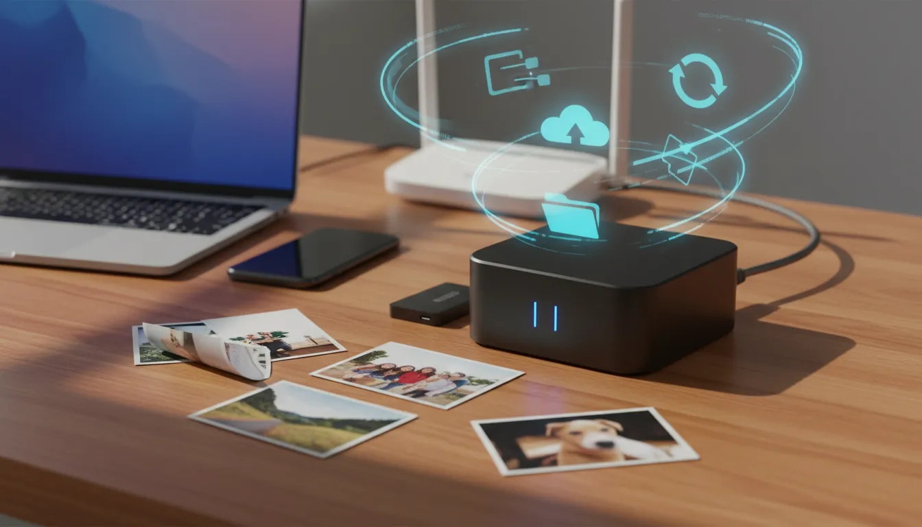 NAS modern di meja kerja terhubung ke laptop, ponsel, dan router, dengan visualisasi sinkronisasi cloud dan backup tanpa teks