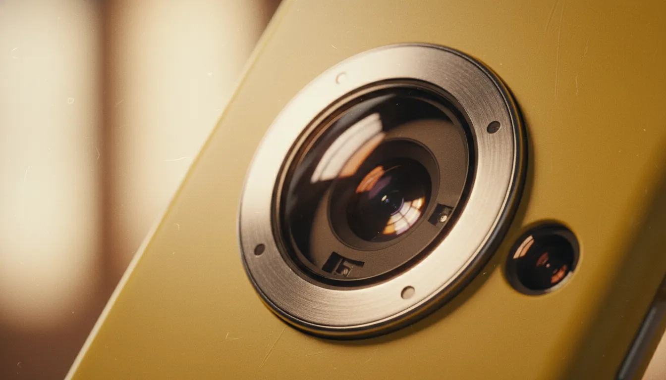 Close-up makro bagian belakang Nokia Lumia 1020 berwarna kuning menonjolkan modul kamera bundar besar, kaca sensor berkilau dan lampu flash Xenon dalam estetika fotografi nostalgia