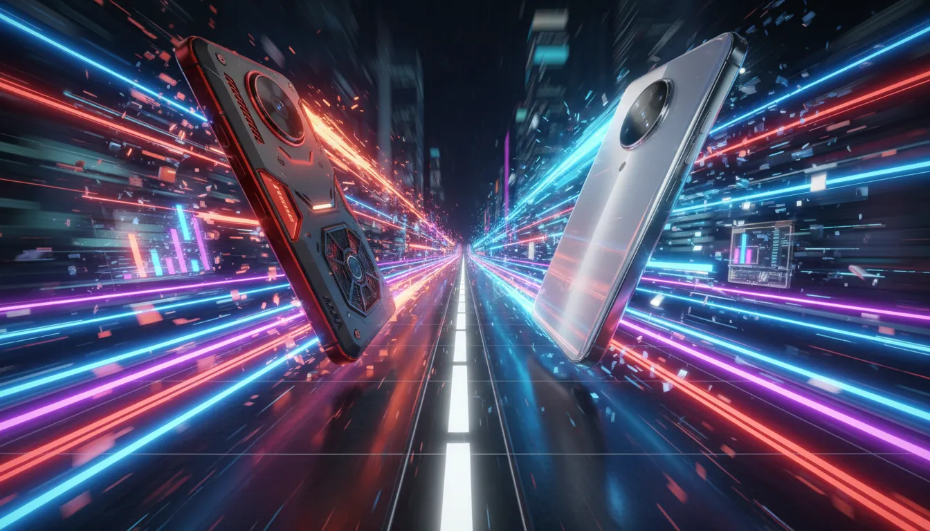 Dua ponsel flagship beradu kecepatan di trek neon futuristik — ponsel gaming merah dengan aksen RGB melawan ponsel premium berlapis kaca, menggambarkan perbandingan performa Nubia Red Magic 11 Pro dan iPhone 17 Pro