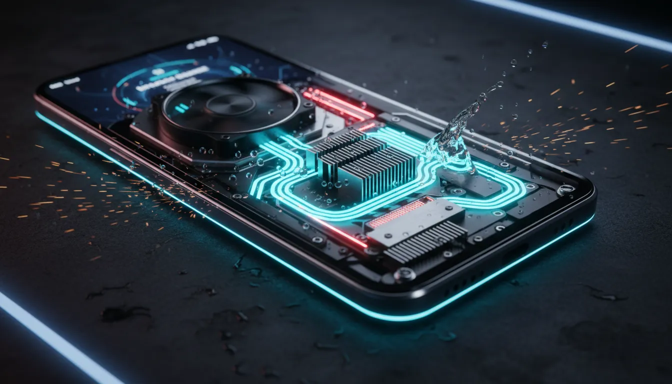 Ponsel gaming Nubia RedMagic 11 Pro dengan panel belakang transparan menunjukkan kipas aktif dan aliran cairan pendingin bercahaya, percikan air menunjukkan ketahanan IPX8, pencahayaan neon gaming.