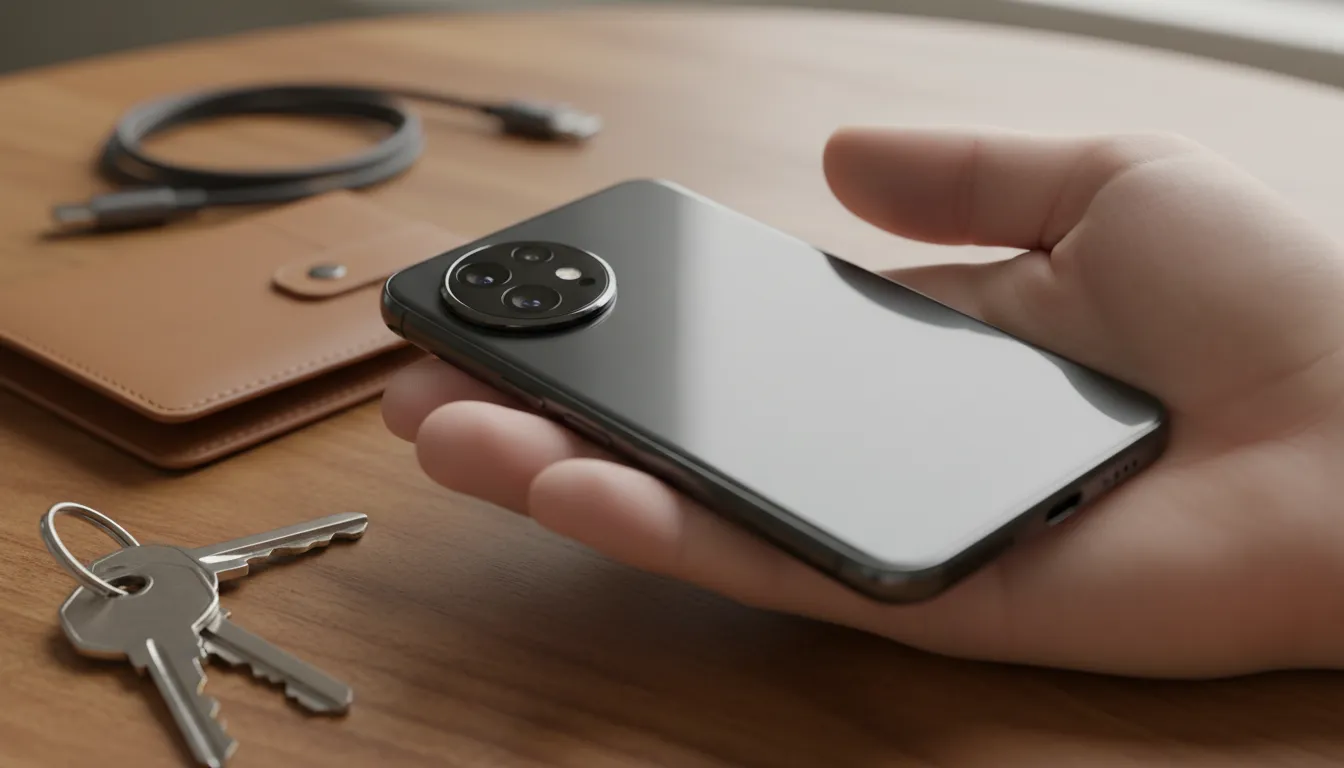 Tangan memegang ponsel flagship kompak bergaya premium di atas meja dengan kunci dan dompet, menonjolkan desain, modul kamera, dan kesan nyaman dipakai sehari-hari