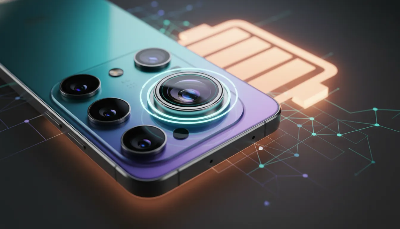 OPPO Reno15 5G menampilkan modul kamera 50MP dengan autofocus dan lensa telephoto, desain premium kaca-logam, serta representasi visual baterai besar dan fitur AI