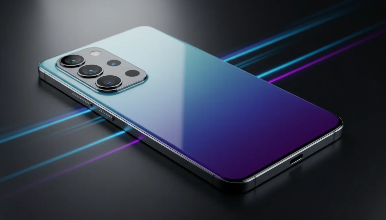 Smartphone premium menonjolkan bodi kaca gradasi, bingkai logam tipis, layar edge-to-edge, dan modul triple kamera besar — ilustrasi desain OPPO Reno15 Pro Max 5G