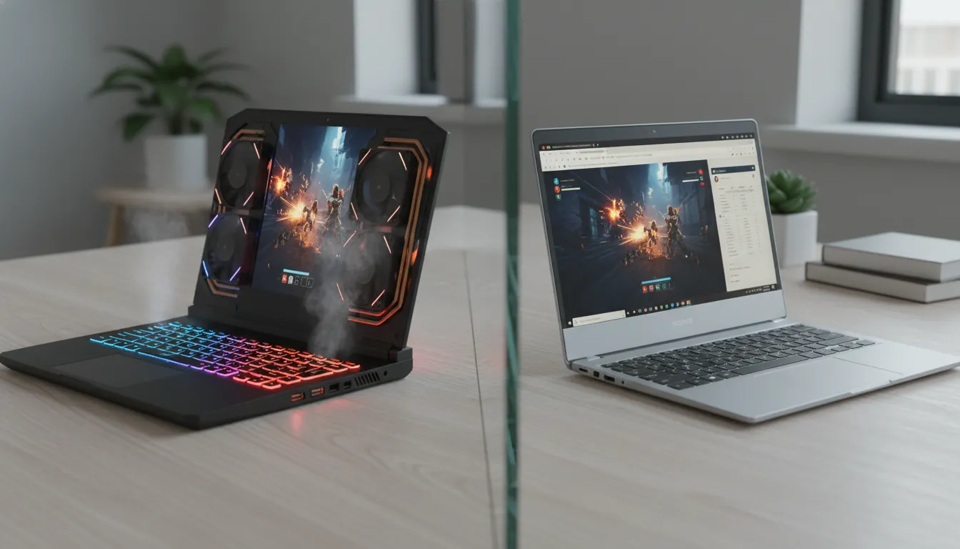 Ilustrasi perbandingan laptop gaming tebal dengan keyboard RGB dan ventilasi versus laptop tipis aluminium untuk produktivitas