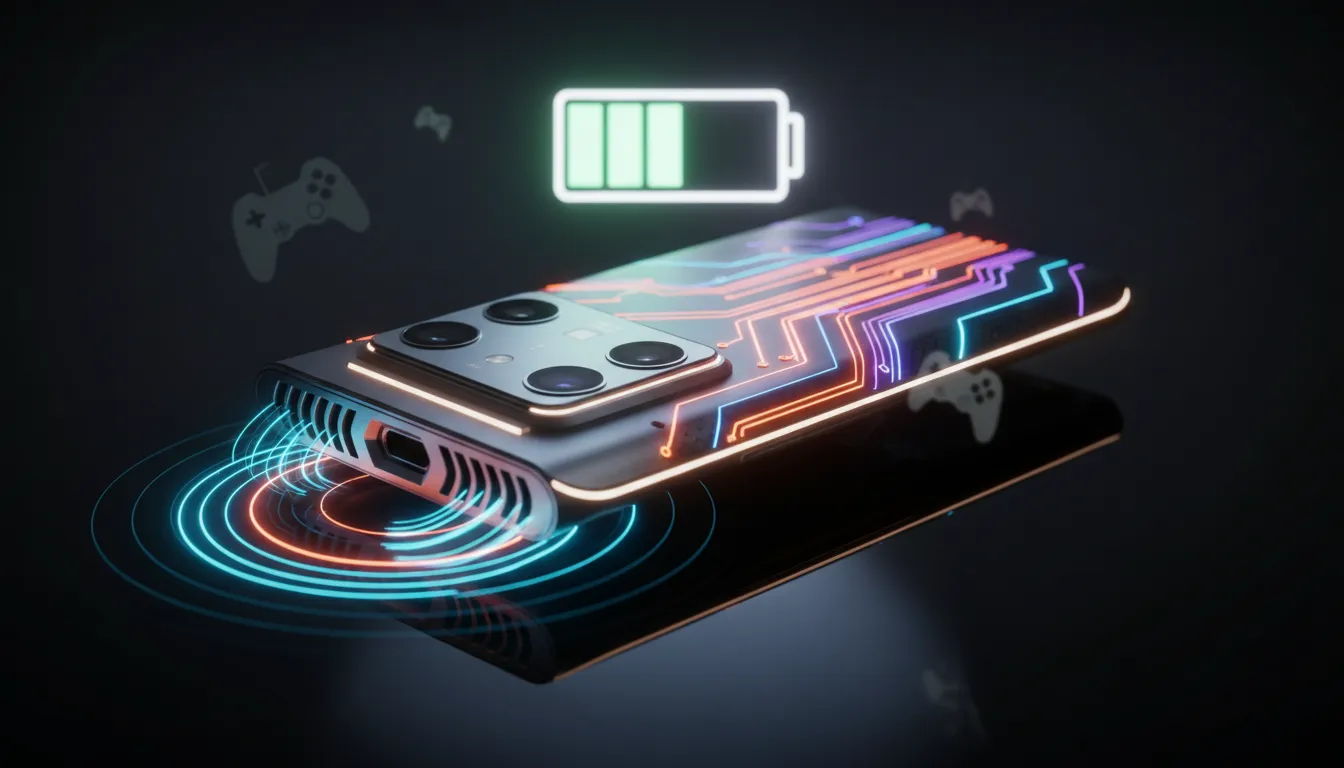 Gambar ponsel mirip Poco F8 Ultra dengan fokus pada speaker 2.1 dan subwoofer, gelombang suara visual, modul kamera menonjol, dan indikator baterai besar dalam pencahayaan studio dramatis