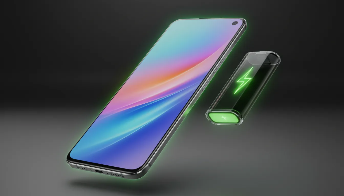 Ilustrasi ponsel tipis dengan layar AMOLED berdiri di samping baterai besar transparan yang bersinar hijau, menggambarkan konsep bodi sangat tipis dengan kapasitas baterai besar