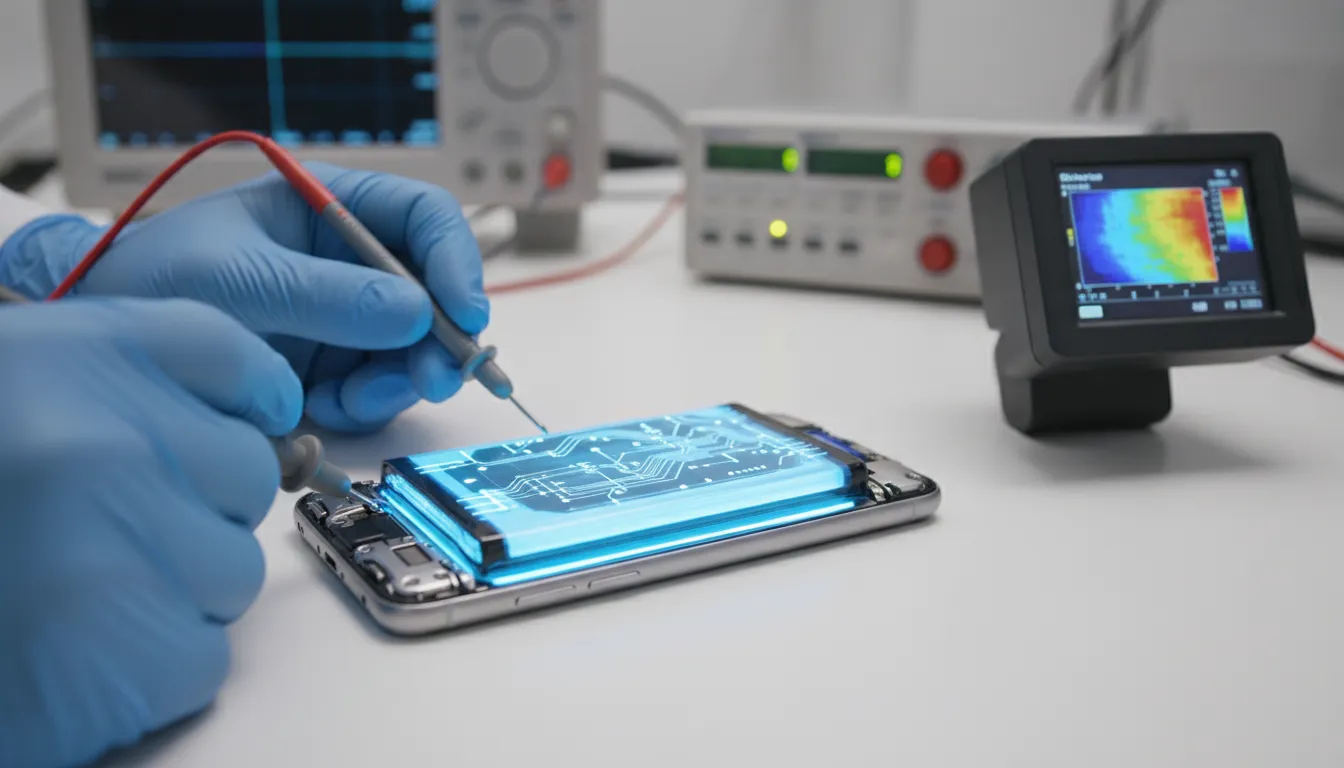 Ponsel tipis dengan potongan transparan memperlihatkan baterai berukuran sangat besar di dalamnya, dikelilingi peralatan laboratorium dan tangan teknisi bersarung tangan, menggambarkan pengujian dan teknologi baterai canggih.