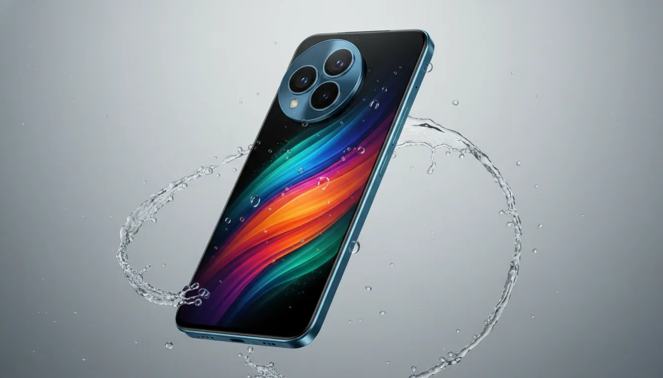 Gambar fotorealistik smartphone mid-range menampilkan layar AMOLED melengkung 6,77 inci dan modul kamera besar, bodi tipis dengan gradasi warna, disertai cipratan air dan partikel debu yang menggambarkan ketahanan IP64