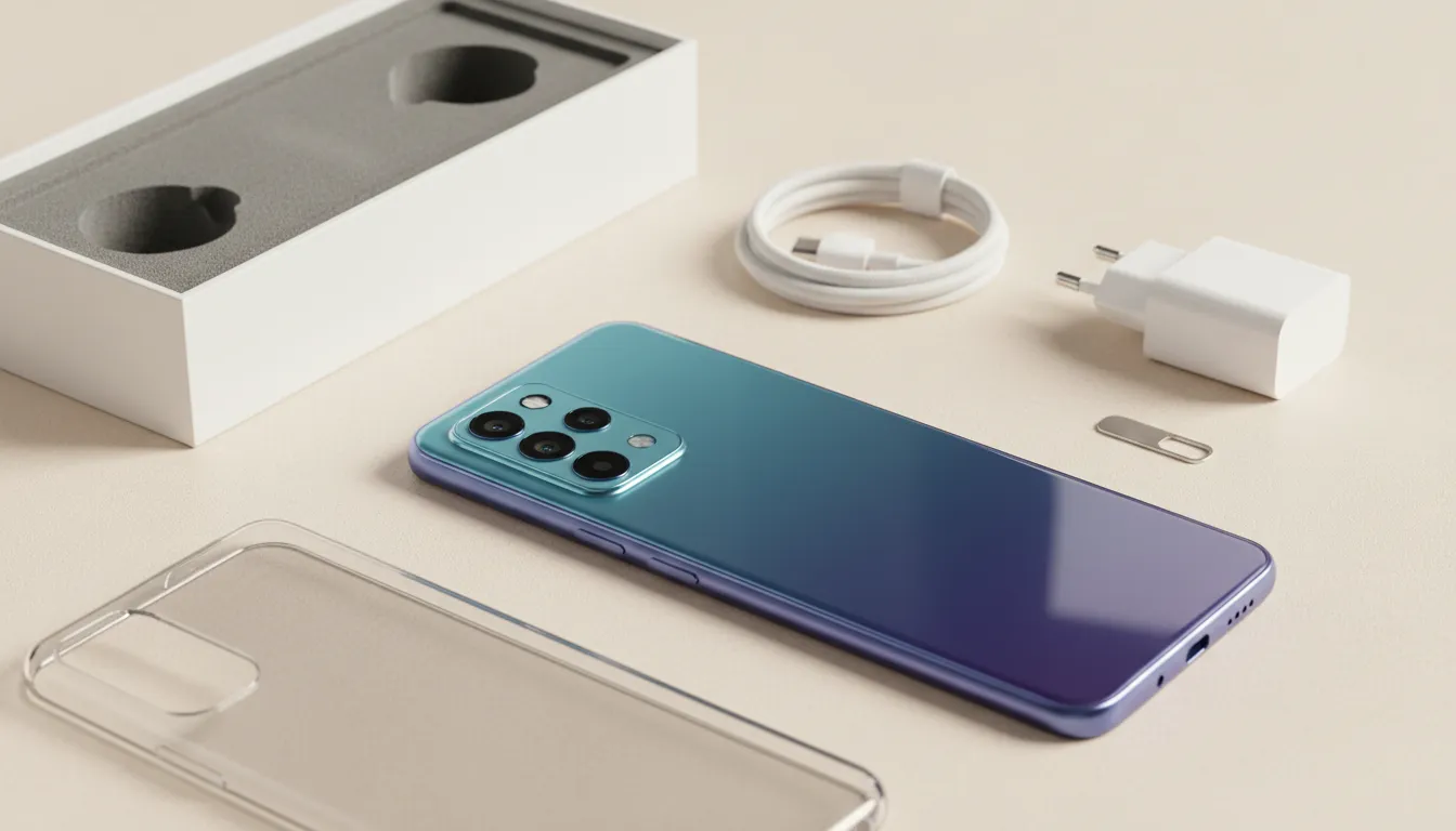 Foto produk smartphone mid-range bergaya Redmi Note 15 4G tanpa merek: punggung gradien, modul kamera triple, dan aksesori kotak di meja studio