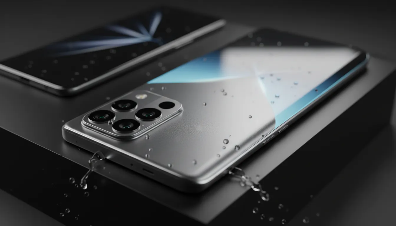 Gambar Redmi Note 15 5G sudut tiga perempat menampilkan desain tipis, bodi berfinishing titanium, modul kamera ganda, layar dual-curve AMOLED, dan cipratan air sebagai simbol ketahanan IP66