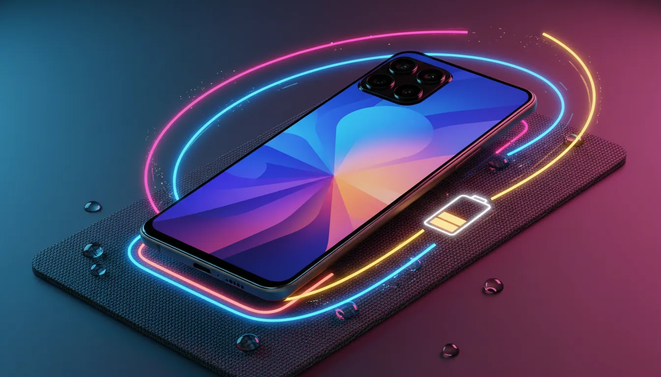 Smartphone modern mirip Redmi Note 15 Pro 5G di studio: layar AMOLED cerah, modul kamera menonjol, aura energi untuk daya tahan baterai, dan efek cahaya dinamis yang menandakan performa gaming — tanpa teks
