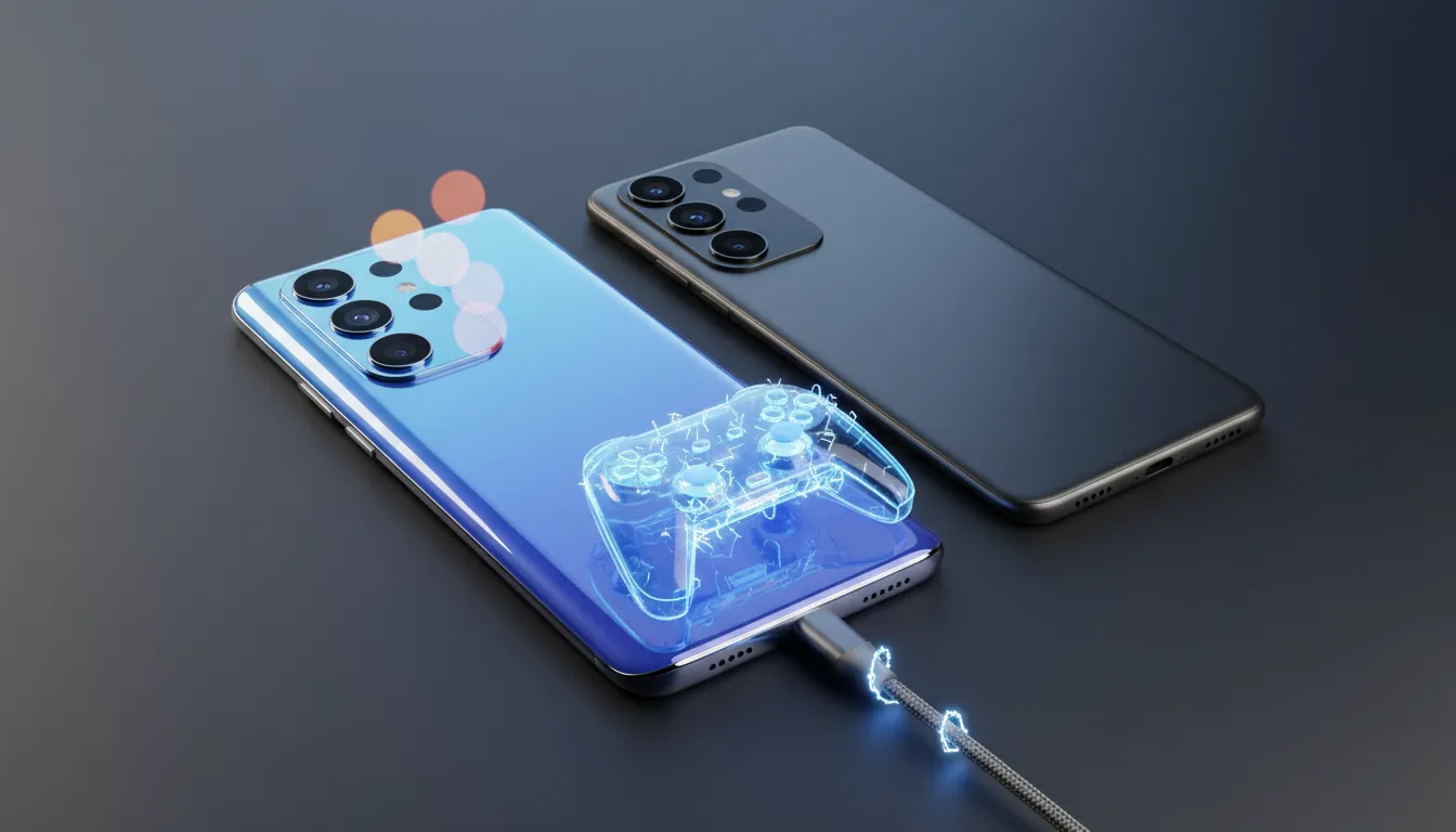 Dua smartphone berdampingan, satu menonjol dengan bodi melengkung, modul kamera besar, kabel pengisi daya menyala menunjukkan pengisian cepat, dan hologram kontroler permainan untuk menonjolkan performa