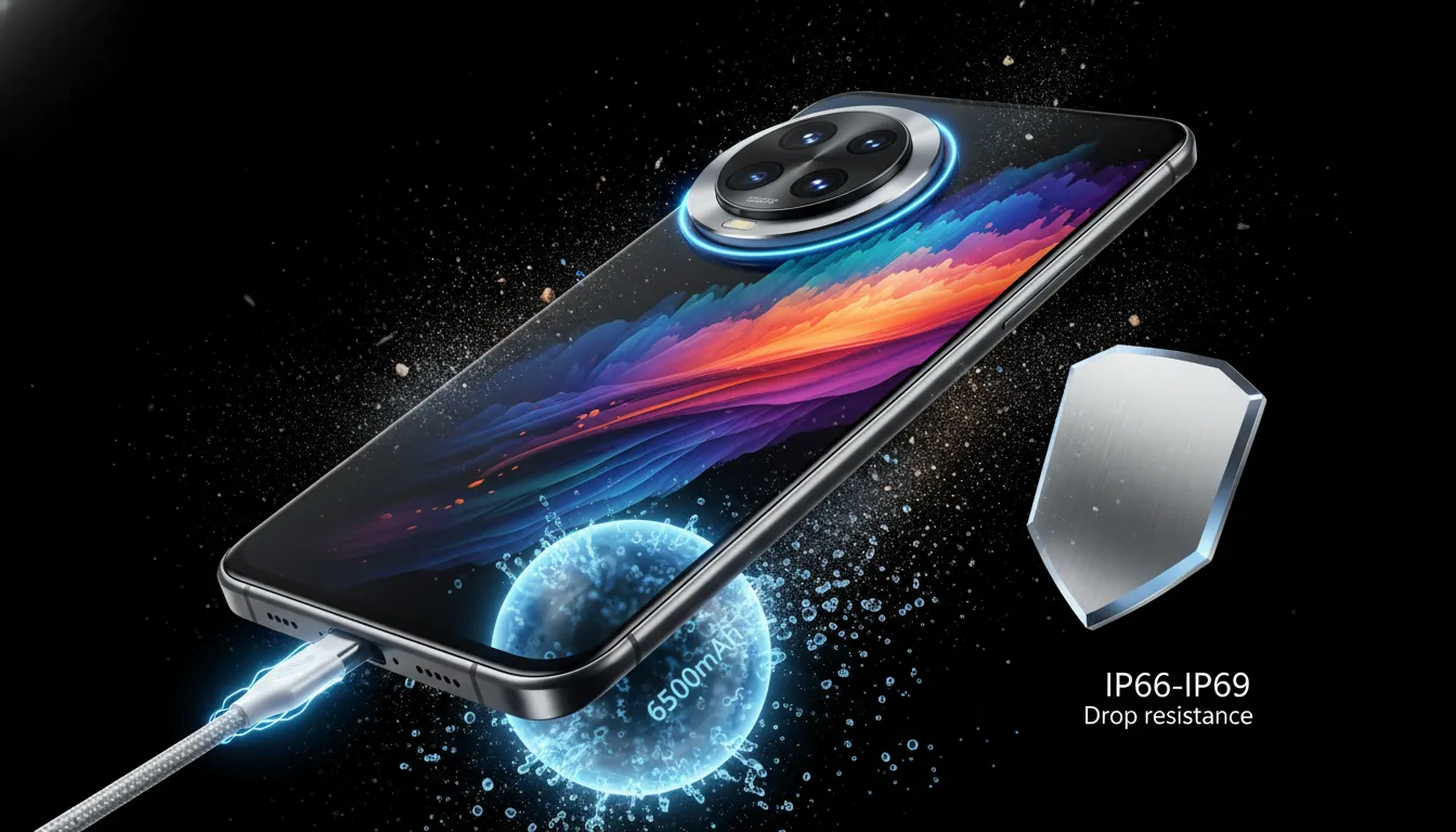 Ilustrasi ponsel flagship mirip Redmi Note 15 Pro+ menampilkan layar AMOLED cerah, modul kamera besar dengan OIS, indikasi baterai berenergi dan elemen tahan banting (cipratan air, debu, tekstur titanium)