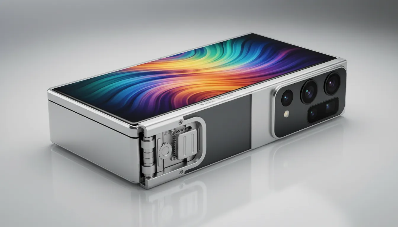 Foto produk realistis HUAWEI Mate X7 lipat setengah terbuka menampilkan desain tipis, engsel presisi, dan modul kamera besar