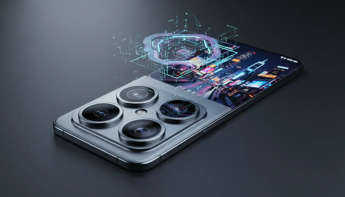 Flagship smartphone premium menampilkan modul kamera besar, layar menampilkan foto kota malam untuk menunjukkan kemampuan low-light, efek privacy-display dari samping, dan hologram AI abstrak di atasnya