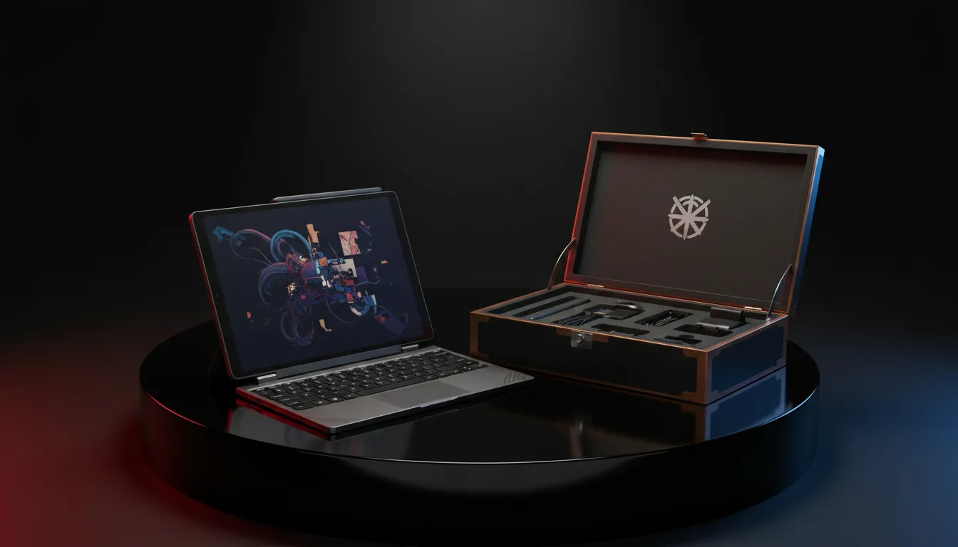 Tampilan produk ASUS ROG Flow Z13 KJP edisi terbatas sebagai tablet hybrid pada pedestal kolektor dengan aksesori dan kotak eksklusif, desain artistik Kojima, pencahayaan dramatis tanpa teks