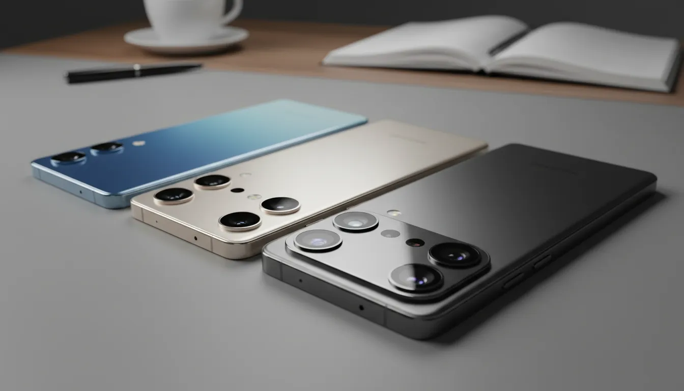 Tiga ponsel flagship Samsung Galaxy S26 (reguler, Plus, Ultra) disusun di meja minimalis, menonjolkan modul kamera besar dan finishing kaca-logam untuk suasana review pertama.