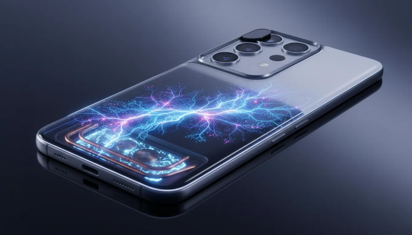 Close-up photorealistic preview of Samsung Galaxy S26 Ultra — ultra-thin frame with edge-to-edge display and AI glow, advanced multi-lens camera module, visible vapor-chamber cooling and a small privacy shutter; product review imagery without text (review, reviewjujur, produkreview)