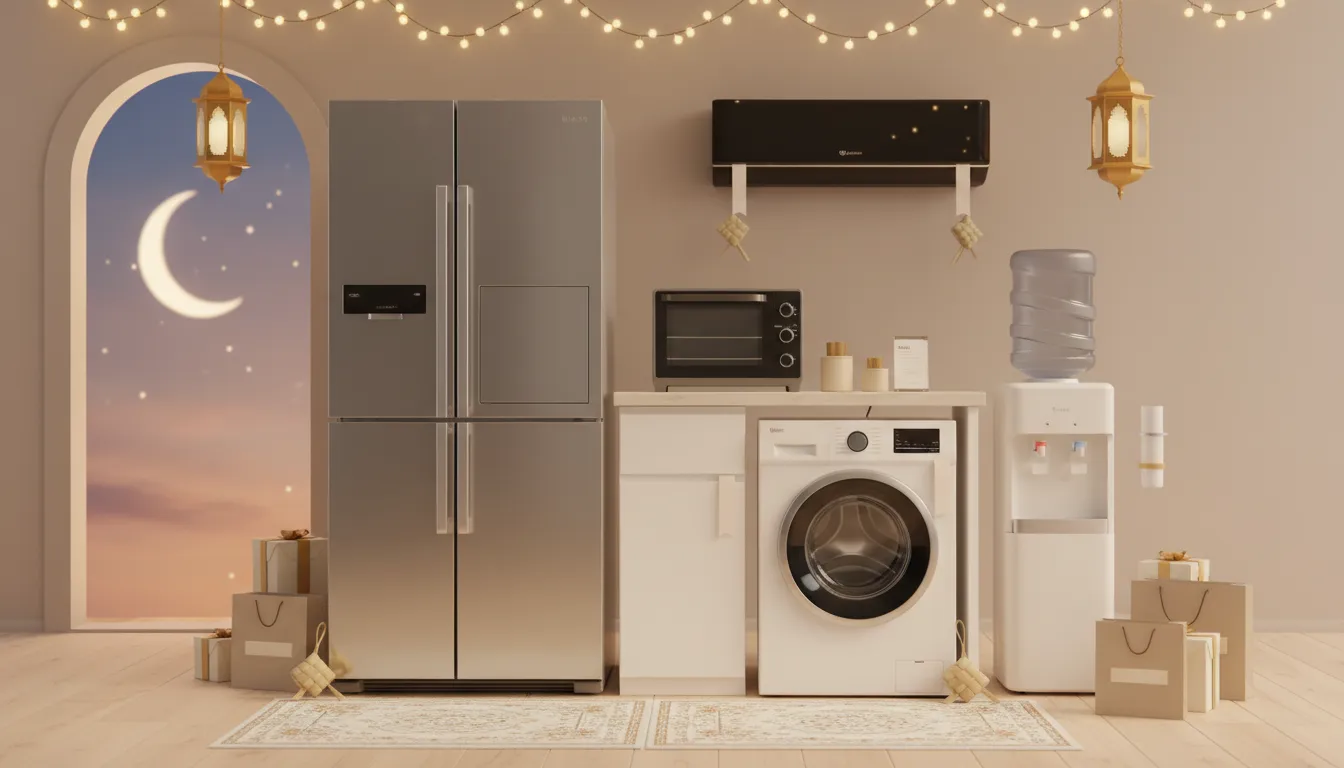 Deretan peralatan rumah tangga modern—kulkas, oven air fryer, AC, mesin cuci, dan dispenser galon bawah—dipajang di ruang berhias lampu Ramadan dan dekorasi Lebaran, suasana hangat promosi