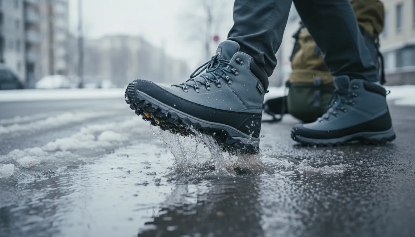 Sepatu tahan air melangkah melalui genangan dan salju mencair di trotoar kota, menampilkan sol anti-selip dan bahan terisolasi