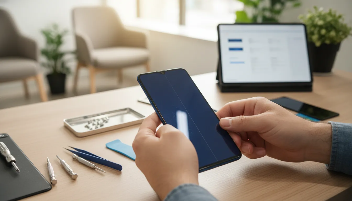 Teknisi memperbaiki layar AMOLED ponsel mirip Vivo X50 di service center; garis burn-in terlihat pada layar dengan alat servis di meja