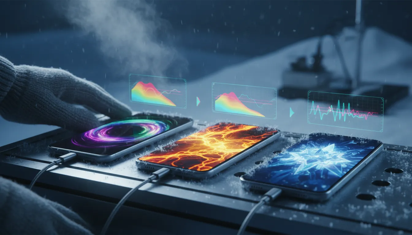 Tiga smartphone diuji di meja berembun dan berlapis es dengan overlay peta panas dan indikator performa tanpa kata, menunjukkan perbedaan suhu dan performa di kondisi dingin.