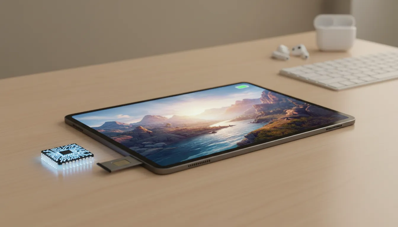 Tablet 11 inci di meja menampilkan layar warna-warni tanpa teks, empat speaker terlihat di sisi, laci SIM terlepas dan cip penyimpanan kecil di samping, menggambarkan tablet 4G dengan baterai tahan lama dan penyimpanan cepat.