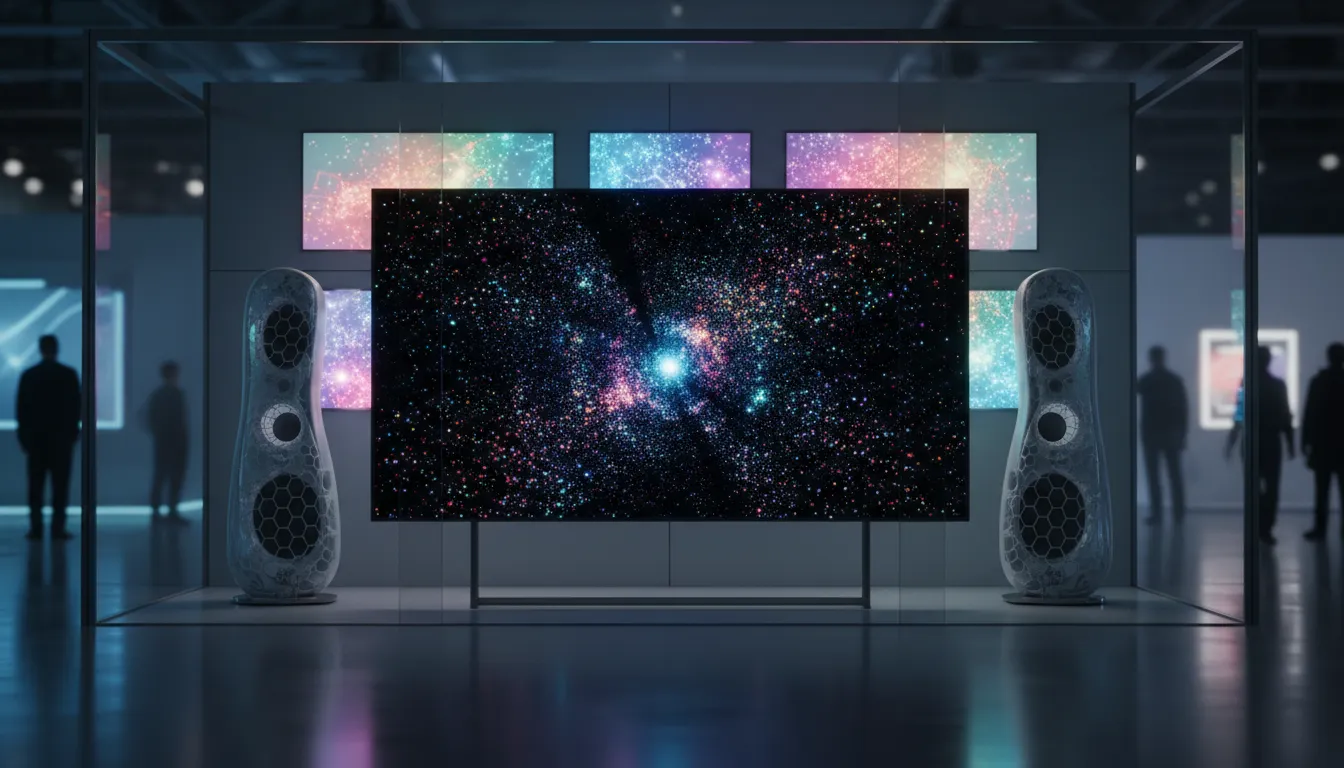 Pameran teknologi Toshiba di CES 2026: TV tipis dengan layar RGB Mini LED menampilkan seni ambient, inti cahaya mewakili REGZA Engine ZRα, dan konsep speaker unik berdesain organik