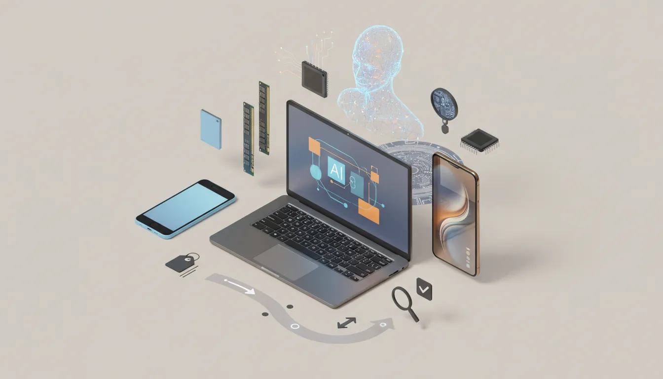 Kolase ilustratif gadget 2025: laptop tipis, ponsel murah dan premium, chip RAM/SSD, hologram AI, pita garis waktu dan ikon ulasan yang menggambarkan tren teknologi yang layak ditunggu di 2026.