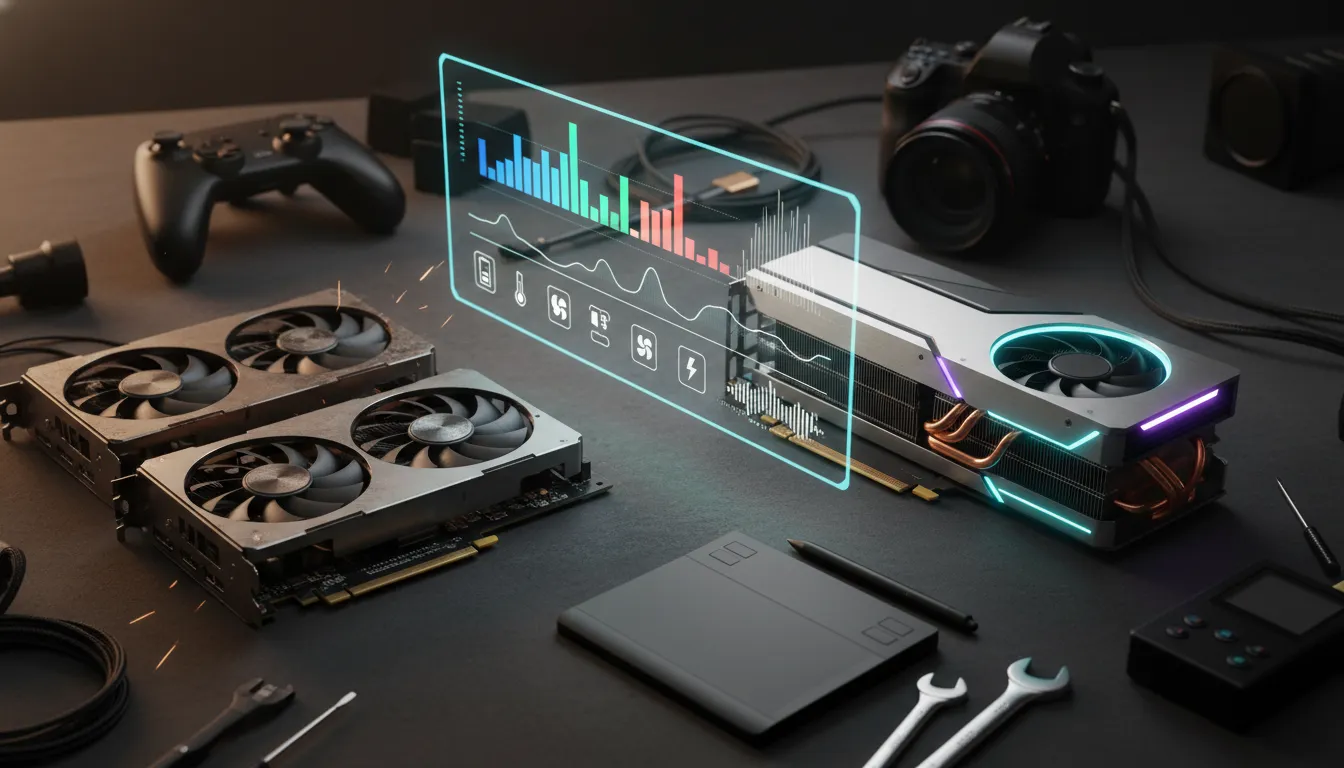 Perbandingan visual upgrade GPU: dua kartu grafis lama kusam di kiri dan satu kartu grafis modern bercahaya di kanan, dipisah tampilan holografis grafik performa dan ikon efisiensi — tanpa teks