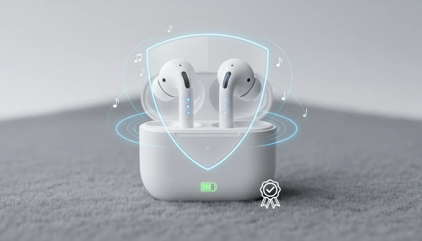 Close-up Vinko S10-NC TWS earbud dan casing terbuka dengan ilustrasi visual ANC, empat mikrofon, sinyal nirkabel, ikon baterai, dan lambang garansi