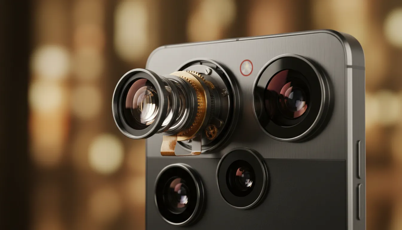 Close-up Xiaomi 17 Ultra bergaya Leica menampilkan modul kamera periskop mekanik yang terbuka, lensa besar dan aksen merah pada bodi mewah dengan pencahayaan sinematik (tanpa teks)