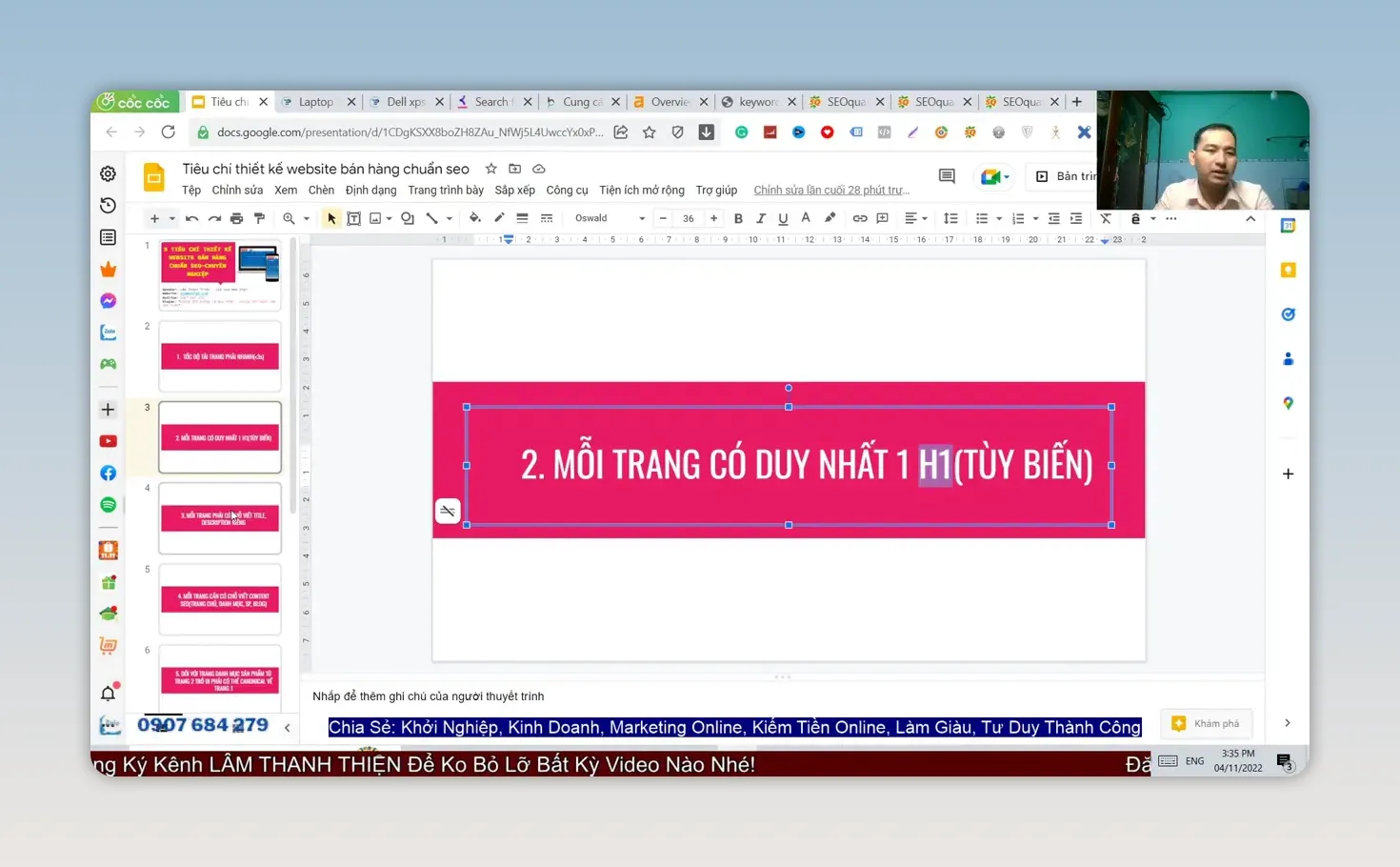 Slide nêu yêu cầu mỗi trang chỉ có một thẻ H1 tùy biến