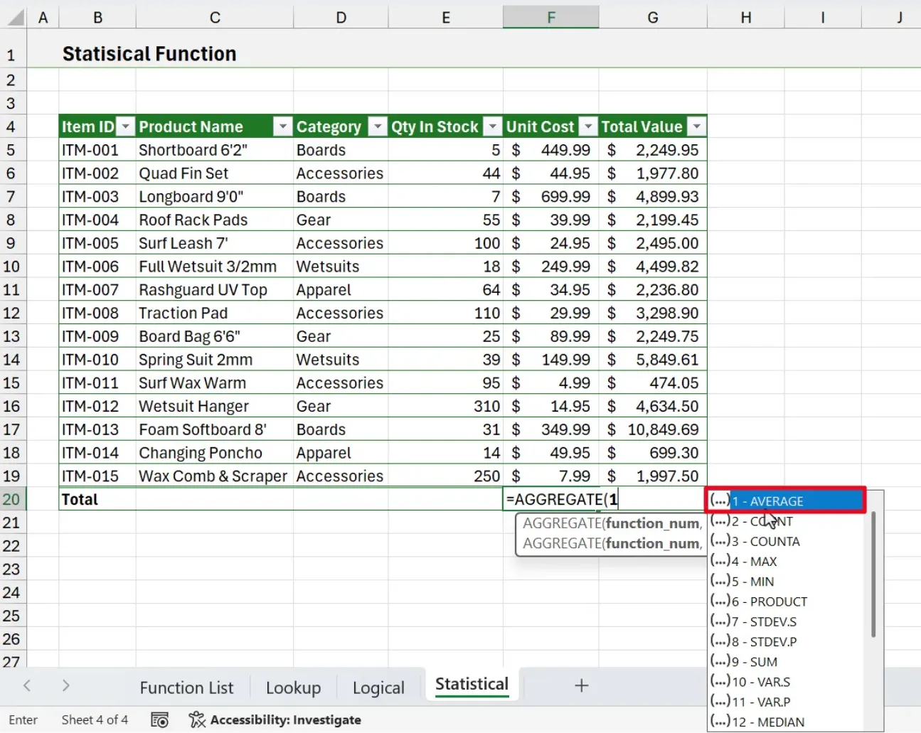 Excel screenshot showing the AGGREGATE formula with an argument tooltip over a statistical table.