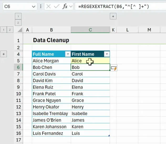 Excel screenshot showing the formula bar with =REGEXEXTRACT(B6,