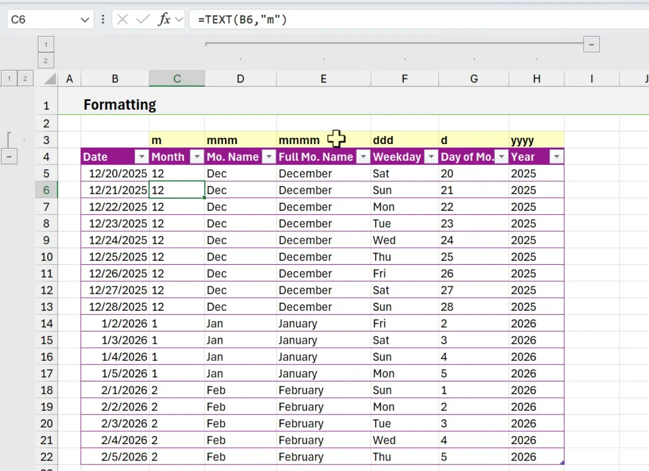 Excel worksheet displaying a Date column and several columns of formatted date parts (abbrev month, full month, weekday, day, year) produced by TEXT formulas.