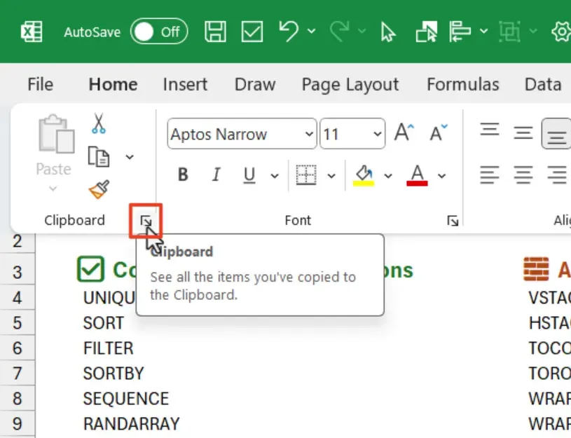 Open the Clipboard panel from the Home tab