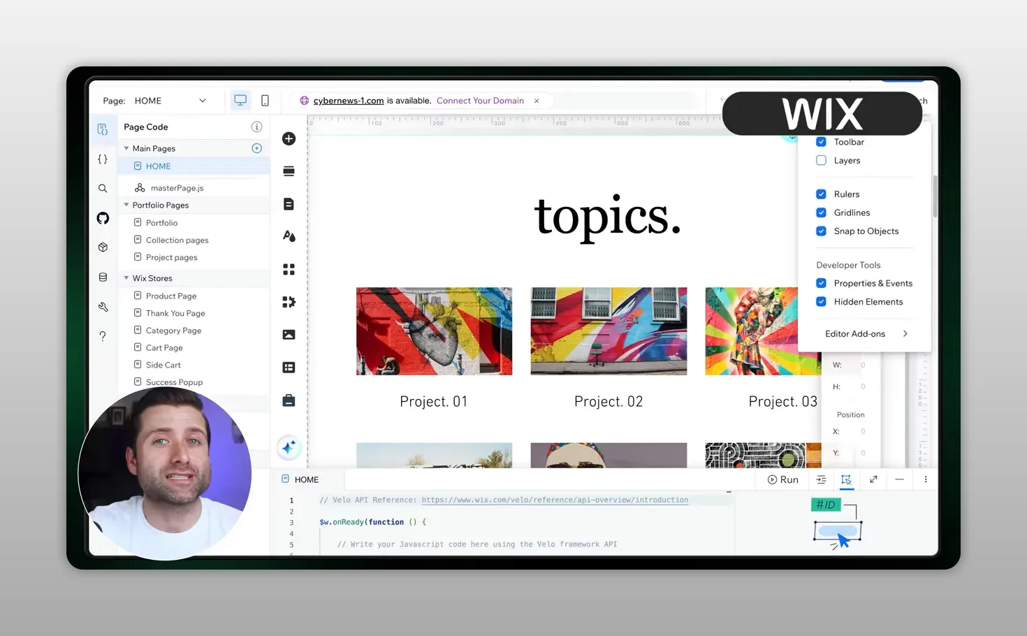 Giao diện Wix với bảng điều khiển thiết kế, danh sách trang và khu vực chỉnh sửa website