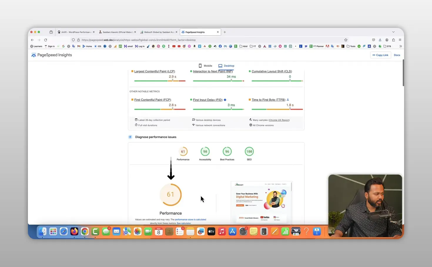 Báo cáo PageSpeed Insights hiển thị điểm hiệu suất thấp và các hạng mục cần cải thiện