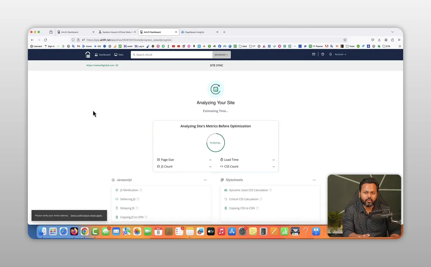 Bảng điều khiển Airlift hiển thị trạng thái đang phân tích và tối ưu website