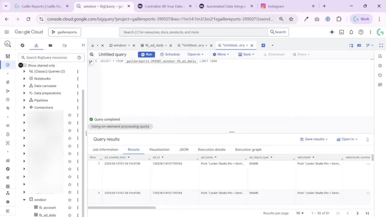 Google BigQuery console showing the dataset list, query editor, and query results preview for the fb_ad_daily table