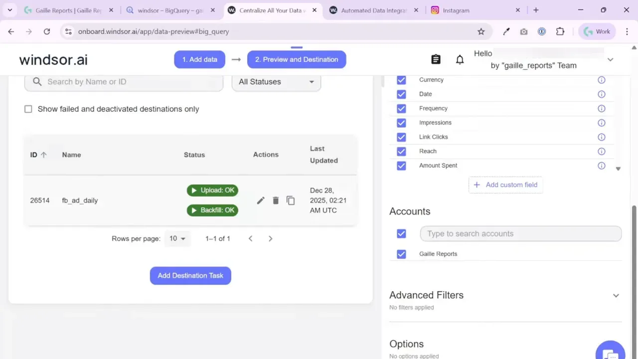 Windsor.ai destination task list showing a task (fb_ad_daily) with Upload: OK and Backfill: OK and an Add Destination Task button