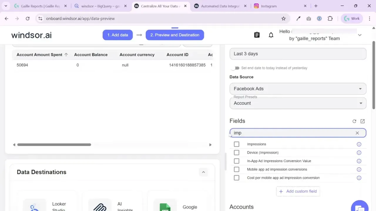 Windsor.ai onboarding preview showing the Fields panel with 'imp' typed and Impressions listed as a selectable field